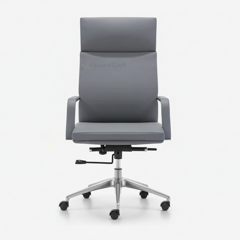 Grey Comfix high-back office chair with armrests and silver wheeled base, front view