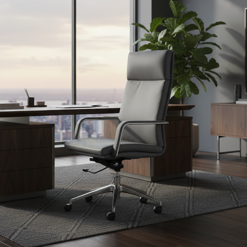 Grey Comfix high-back office chair beside a desk and large window