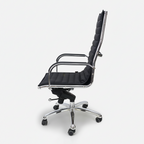 Black Confidence high-back office chair with curved arms and silver base, side view