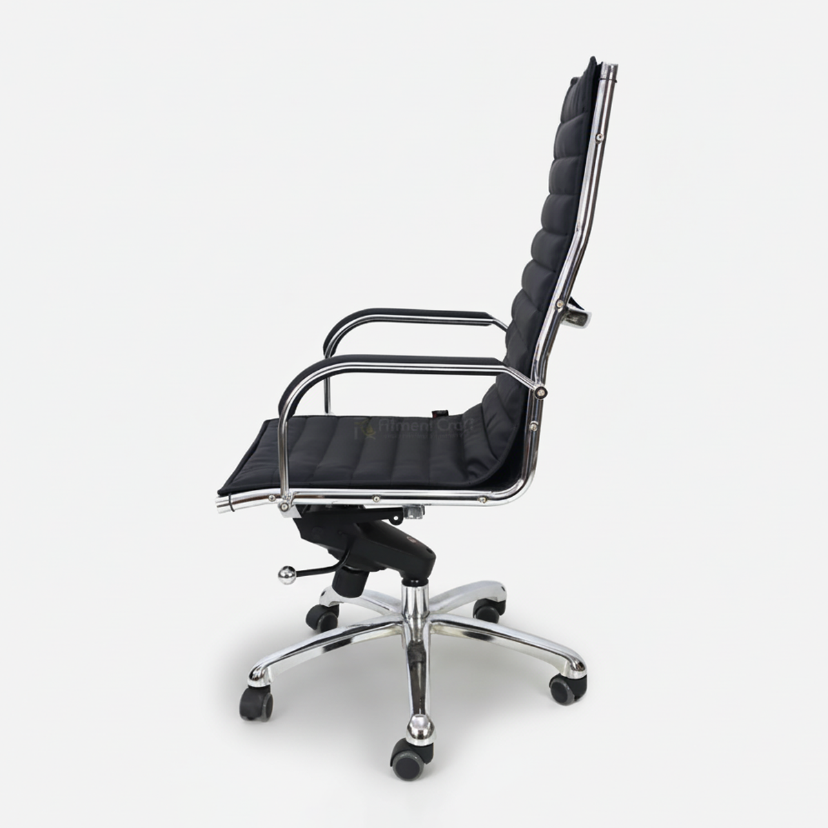 Black Confidence high-back office chair with curved arms and silver base, side view