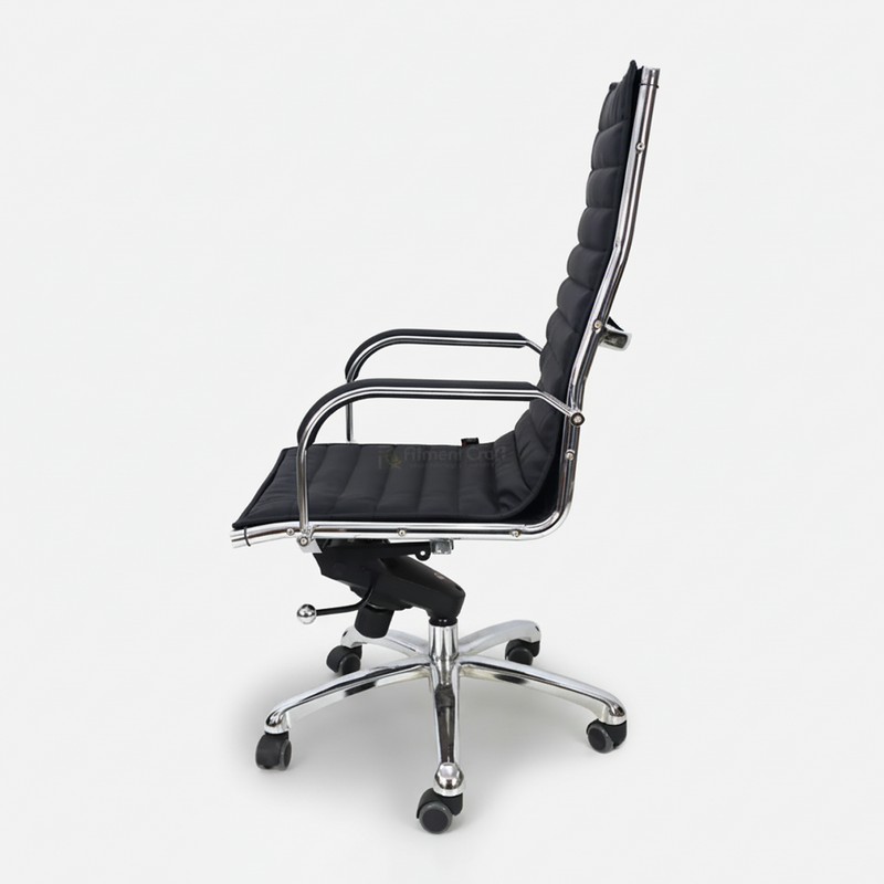 Black Confidence high-back office chair with curved arms and silver base, side view