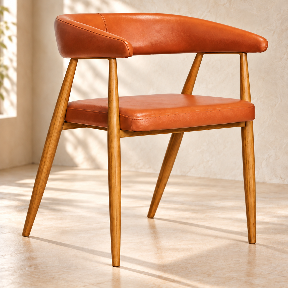 Wood finish Contour café chair with tan seat and curved arms in a softly lit café corner