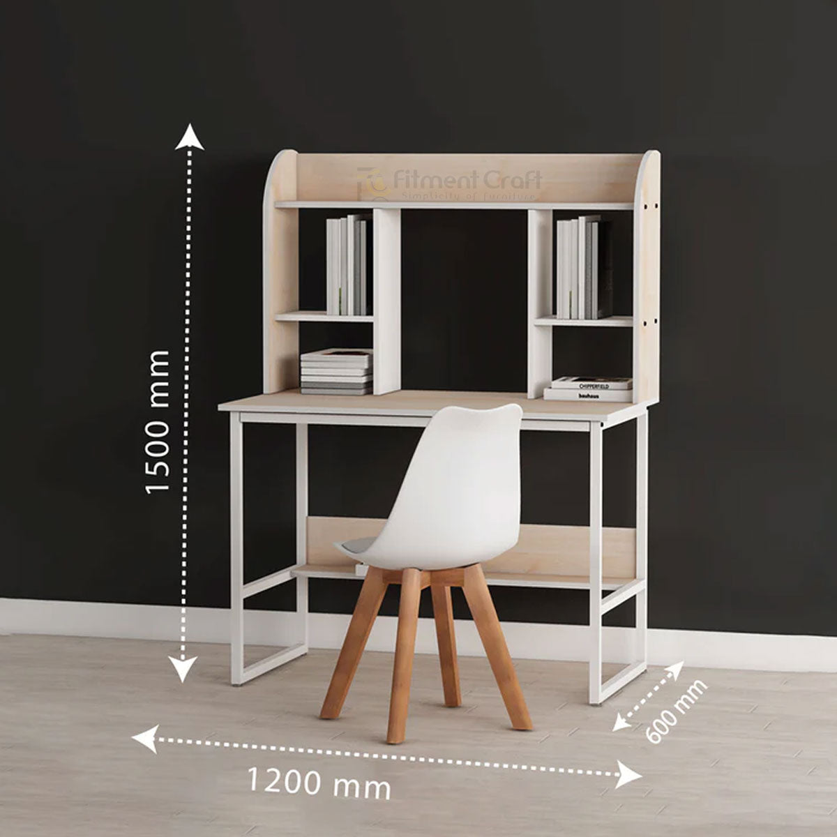 Pale wood-tone Converge reading desk with overhead bookshelf and dimension annotations
