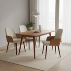 Cream and brown Milo dining chairs arranged around a wood-tone dining table