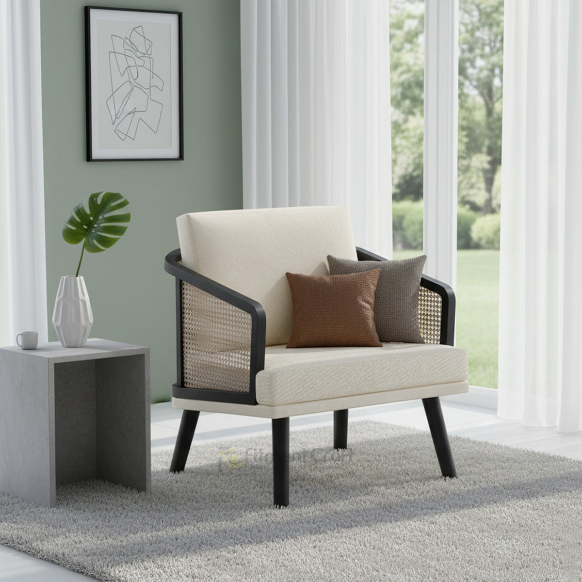 Cream Linora single-seat sofa with black frame and woven side panels beside a window