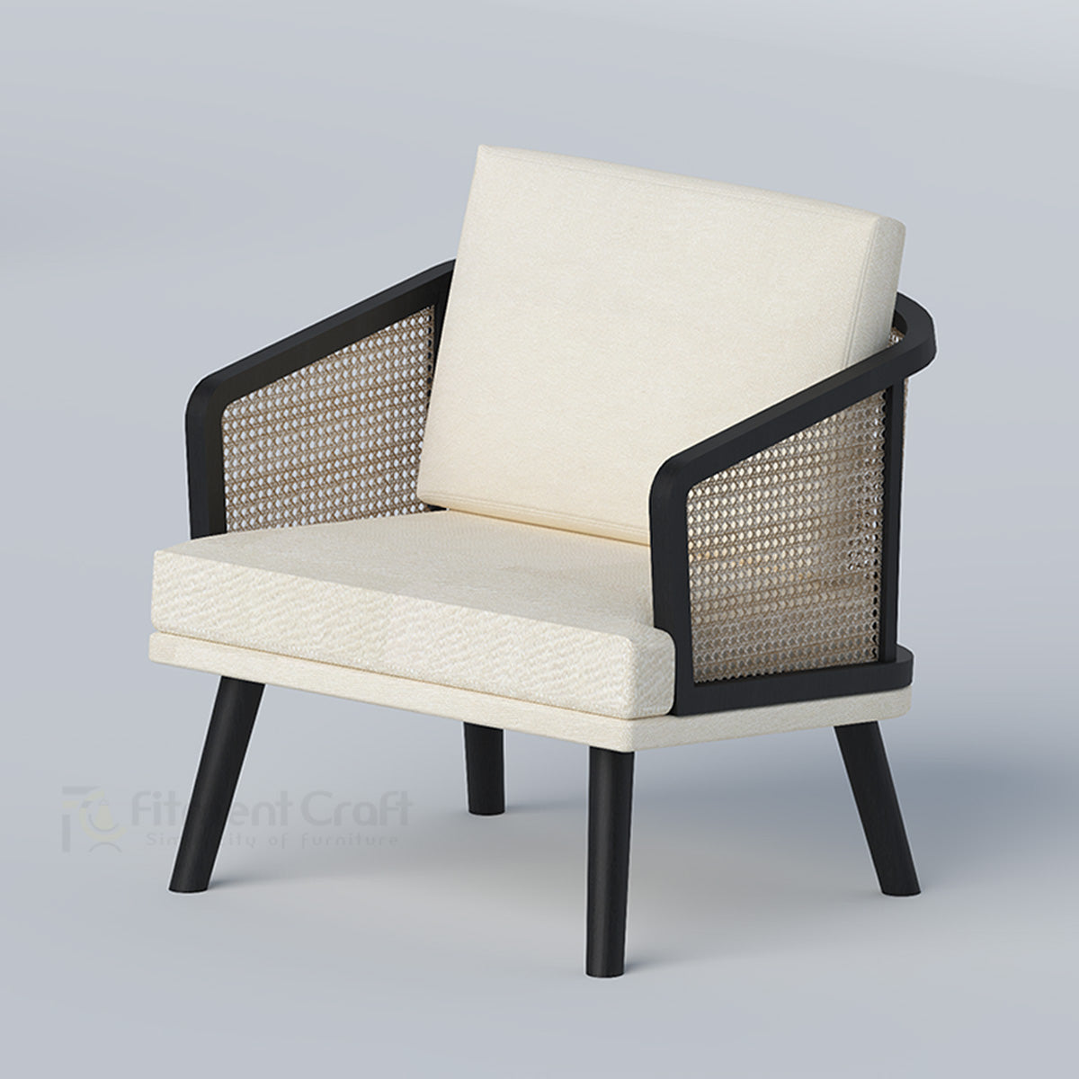 Cream Linora single-seat sofa with black frame, angled view