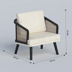 Cream Linora single-seat sofa with woven side panels and dimension arrows