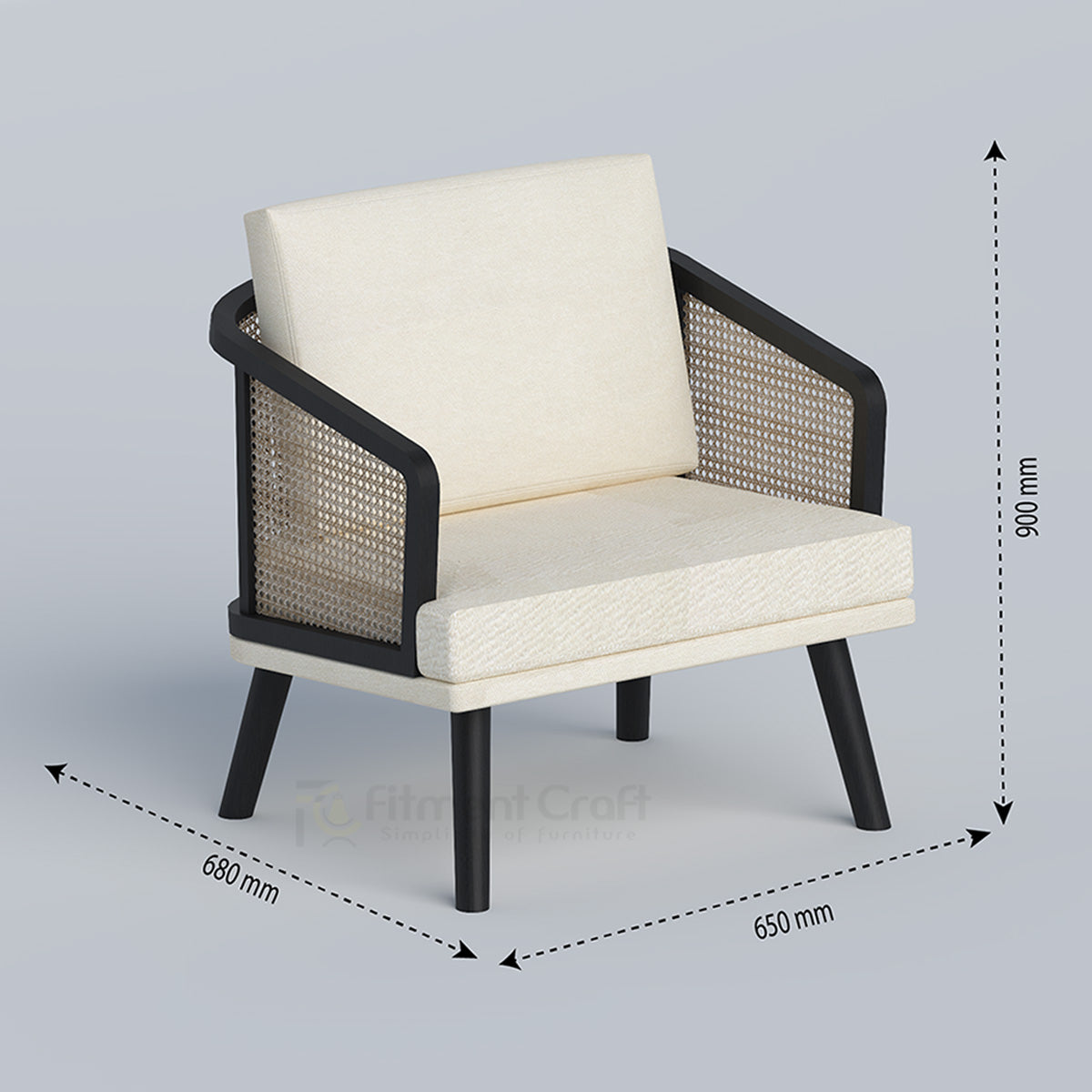 Cream Linora single-seat sofa with woven side panels and dimension arrows