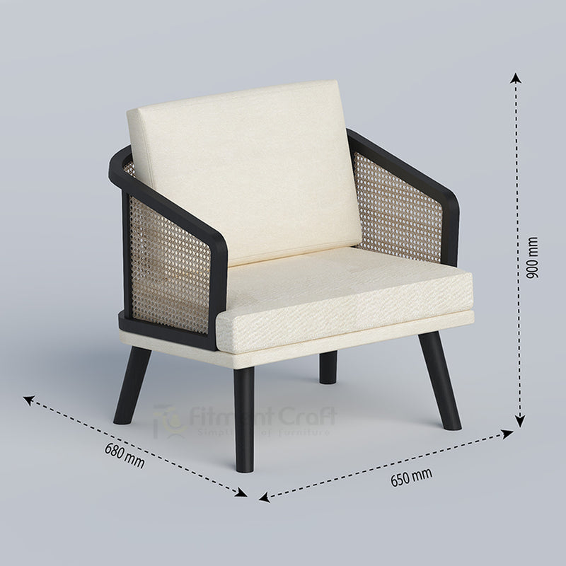 Cream Linora single-seat sofa with woven side panels and dimension arrows