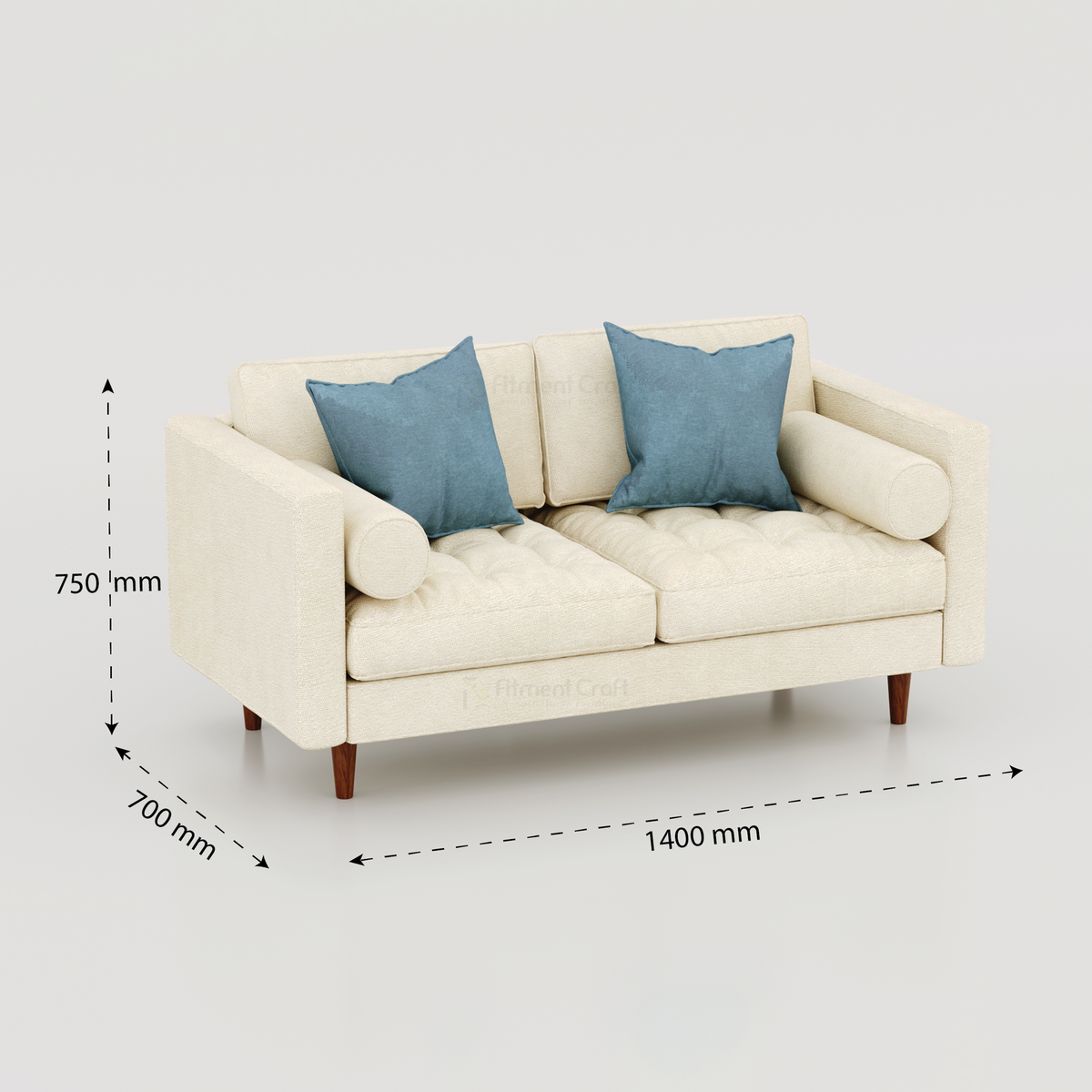 Cream Orchid two-seat sofa with blue cushions and dimension arrows