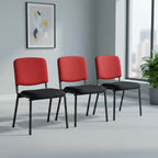 Three Crux visitor chairs with red backs and black seats arranged in a room