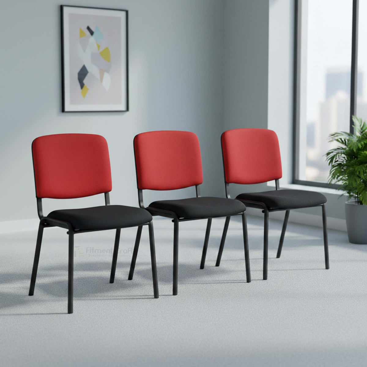 Three Crux visitor chairs with red backs and black seats arranged in a room
