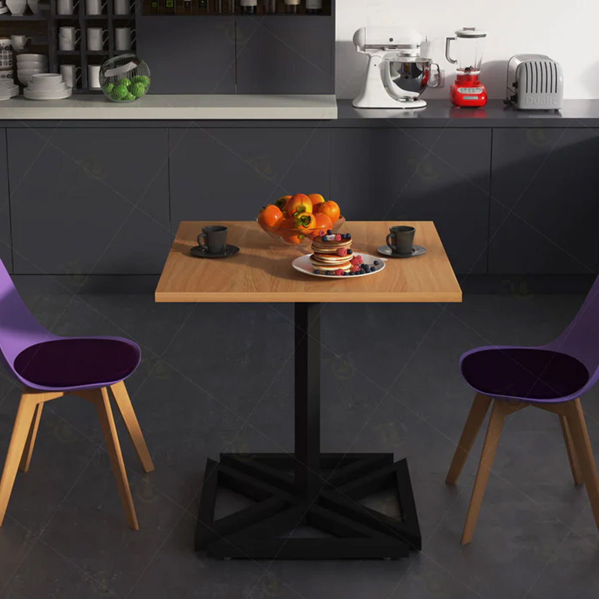 Cubic square table with wood-tone top, black pedestal and purple chairs in a kitchen