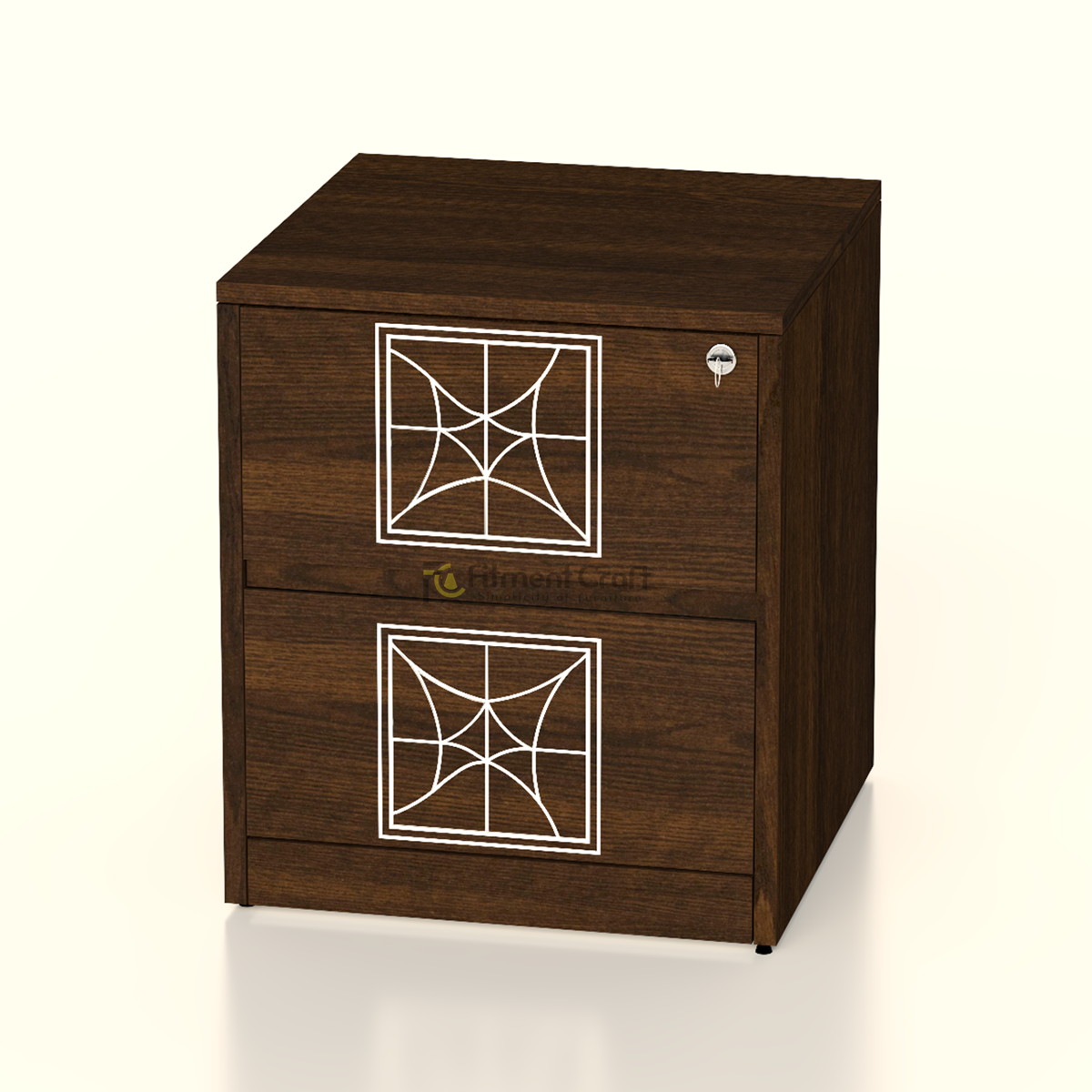 Dark brown Aynor bedside cabinet with two patterned drawers