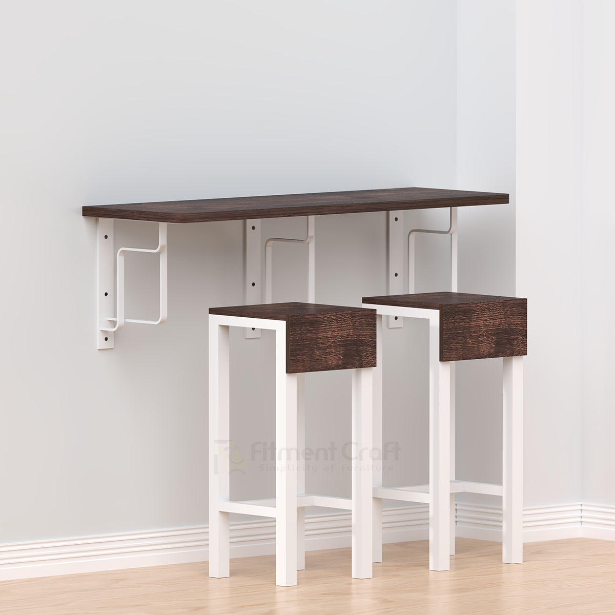 Wall-mounted Deli bar table with brown top, white brackets and two tall stools