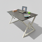 Black-topped Delta desk with white crossed legs, viewed from above