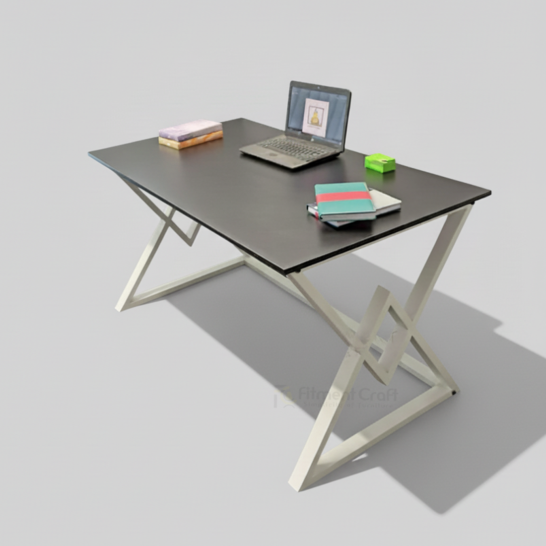 Black-topped Delta desk with white crossed legs, viewed from above