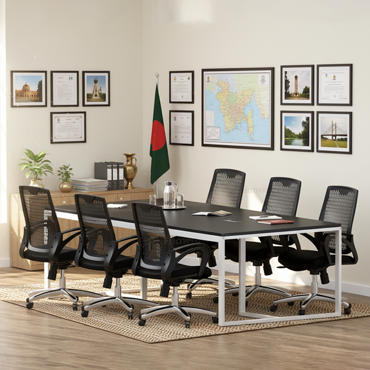 Discuss conference table with black top and white frame surrounded by office chairs