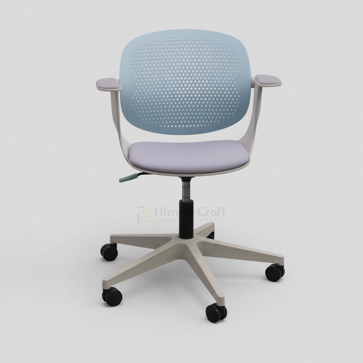 Easy conference chair with pale blue perforated back and grey seat, front view
