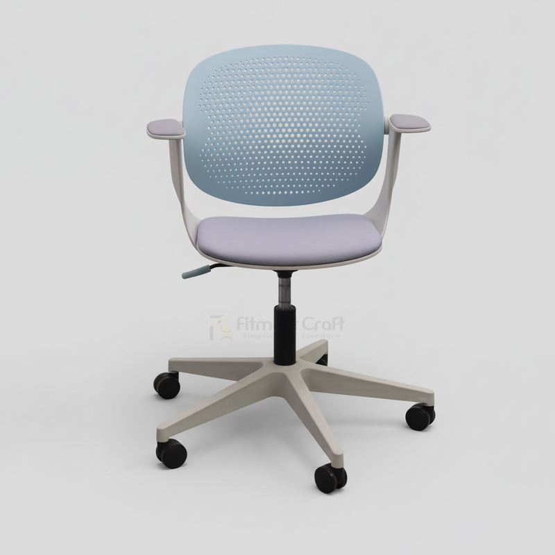 Easy conference chair with pale blue perforated back and grey seat, front view