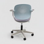 Easy conference chair with pale blue perforated back and grey seat, overhead angled view