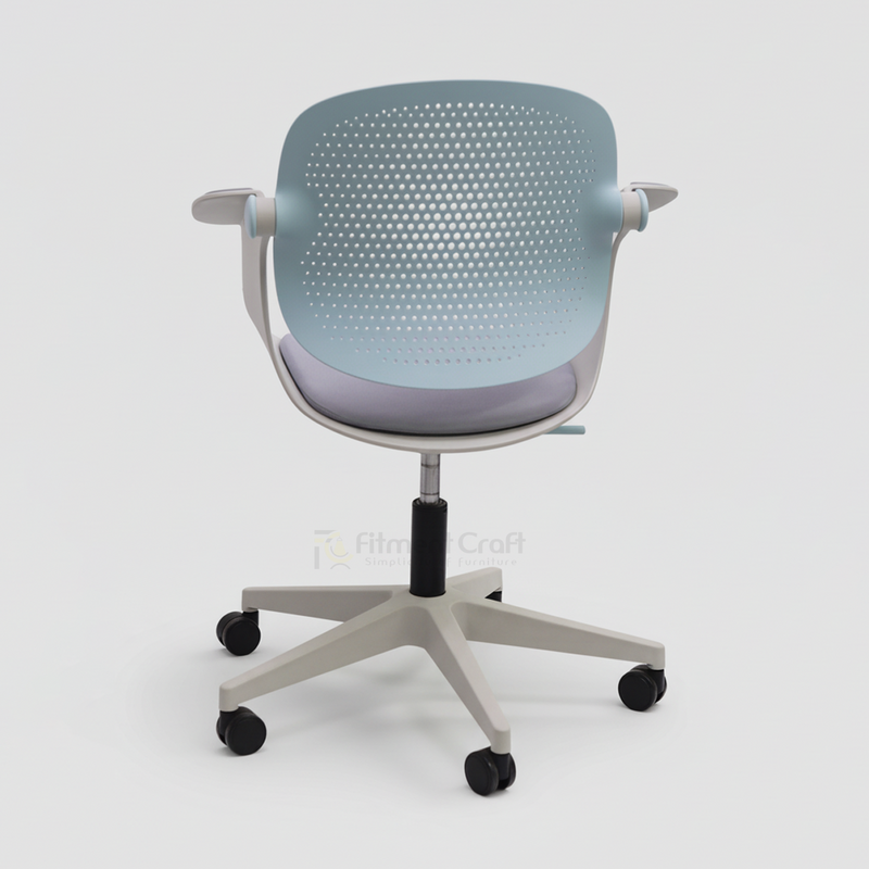 Easy conference chair with pale blue perforated back and grey seat, overhead angled view