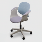 Easy conference chair with pale blue perforated back and grey armrests, side angled view