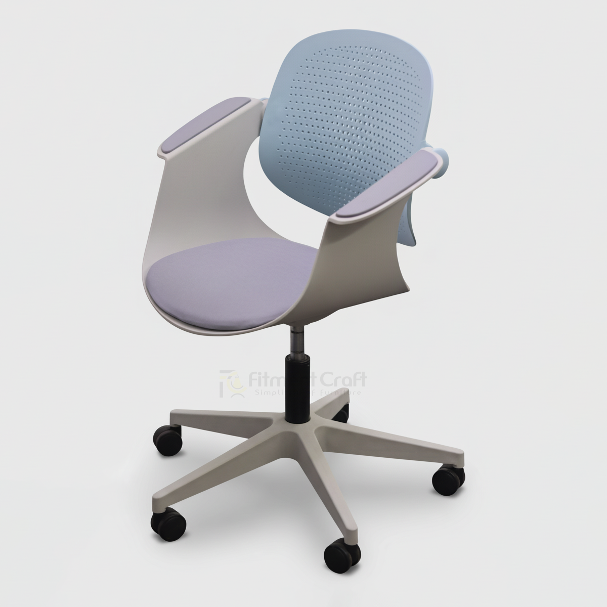 Easy conference chair with pale blue perforated back and grey armrests, side angled view