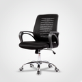 Black Echo office chair with mesh back, curved arms and silver wheeled base