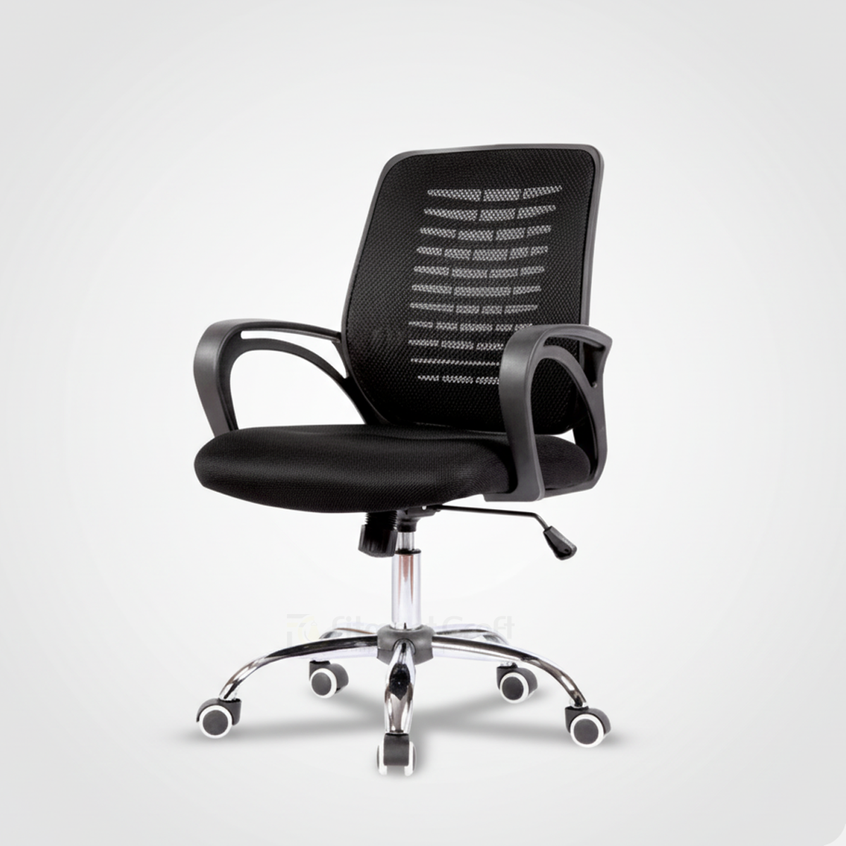 Black Echo office chair with mesh back, curved arms and silver wheeled base
