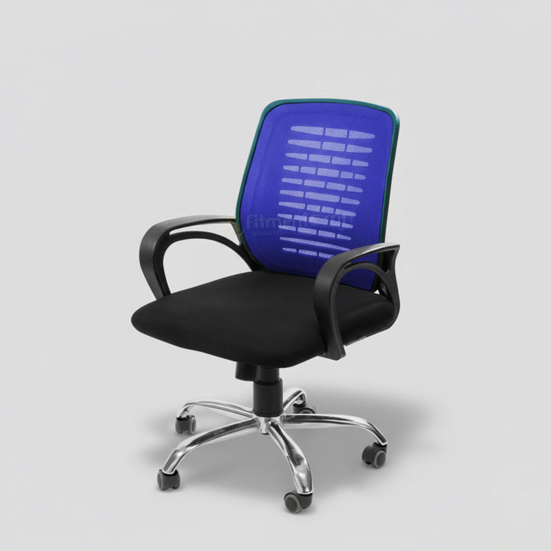 Echo office chair with blue mesh back, black seat and silver wheeled base