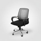 Echo office chair with grey mesh back, black seat and silver wheeled base