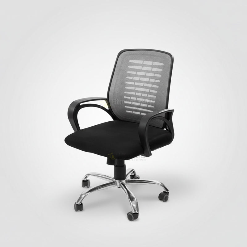 Echo office chair with grey mesh back, black seat and silver wheeled base