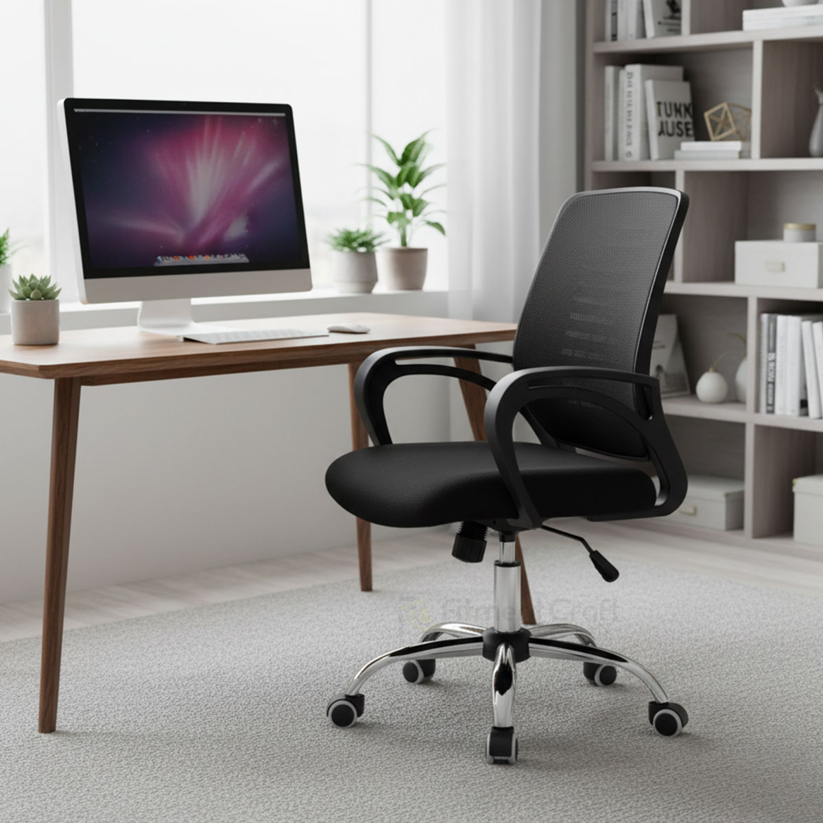 Black Echo office chair beside a computer desk in a room