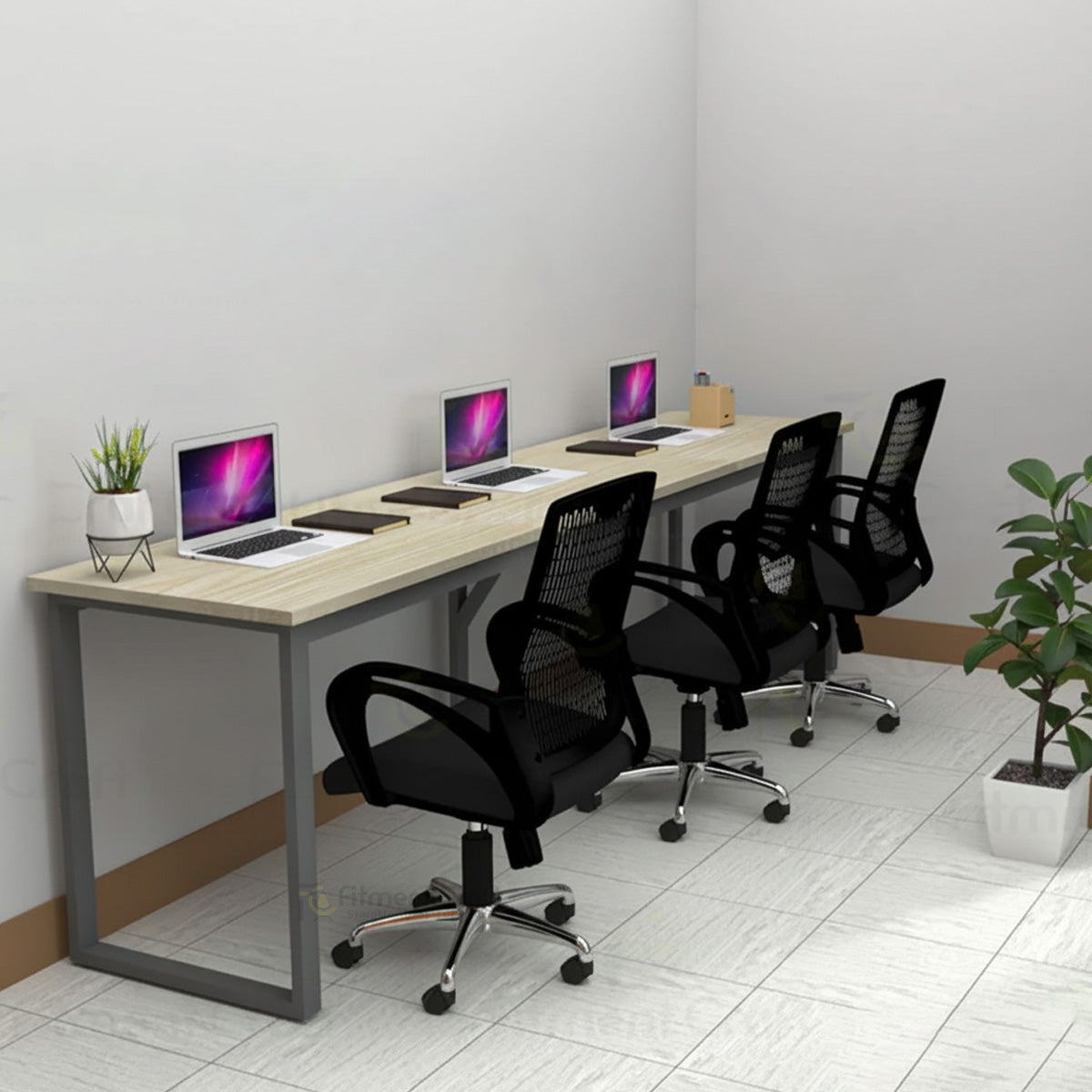 Eclectic three-person workstation with light desktop, laptops and black chairs, angled view