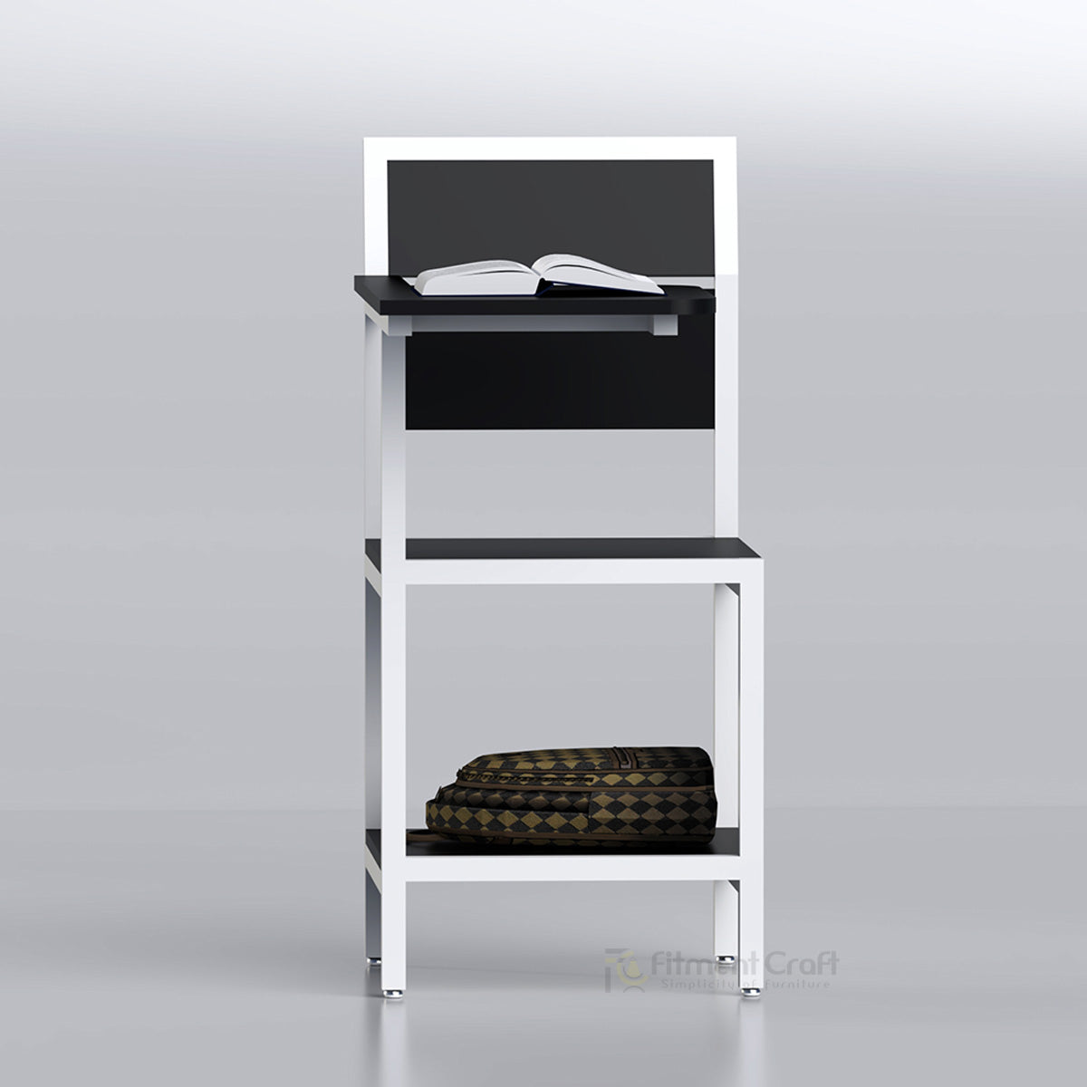 Black and white Enroll writing chair with attached tablet and lower bag shelf, front view