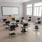 Rows of black and white Enroll writing chairs in a classroom