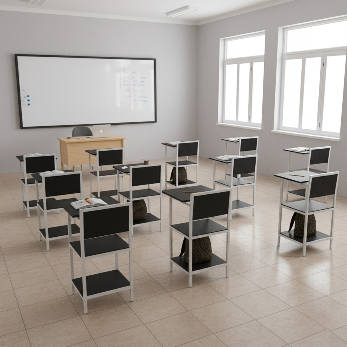 Rows of black and white Enroll writing chairs in a classroom
