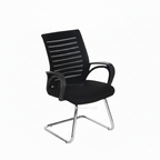 Black Epitome visitor chair with mesh back, armrests and chrome sled base
