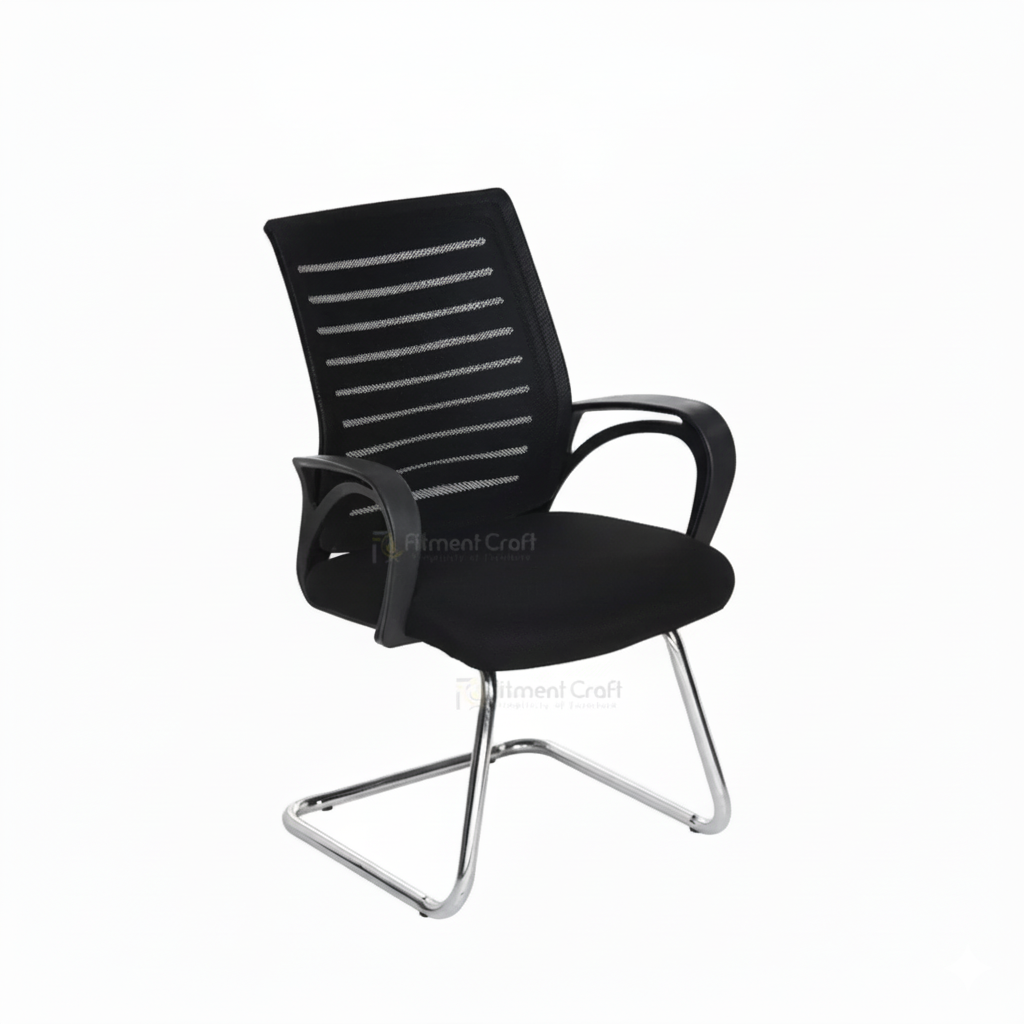 Black Epitome visitor chair with mesh back, armrests and chrome sled base