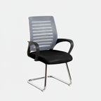Grey Epitome visitor chair with mesh back, black seat and chrome sled base