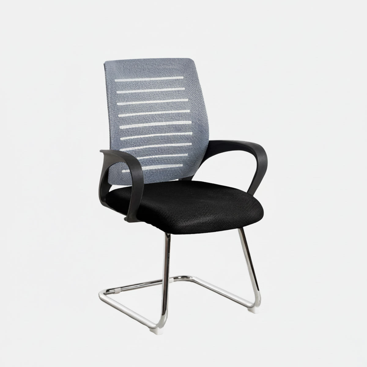 Grey Epitome visitor chair with mesh back, black seat and chrome sled base