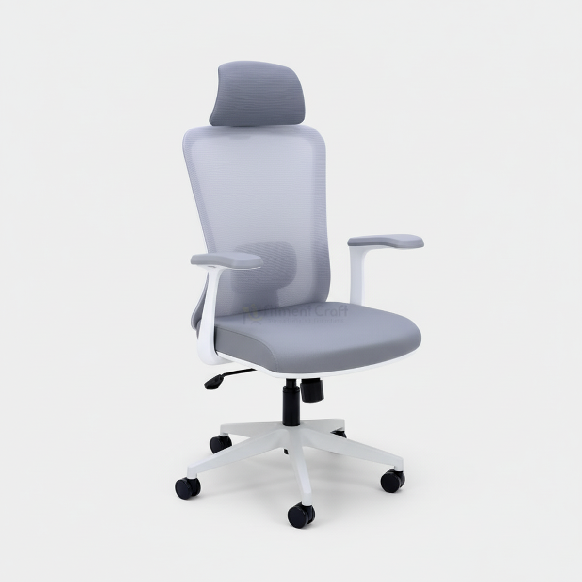 Light grey Fabinata office chair with mesh back, headrest and white wheeled base