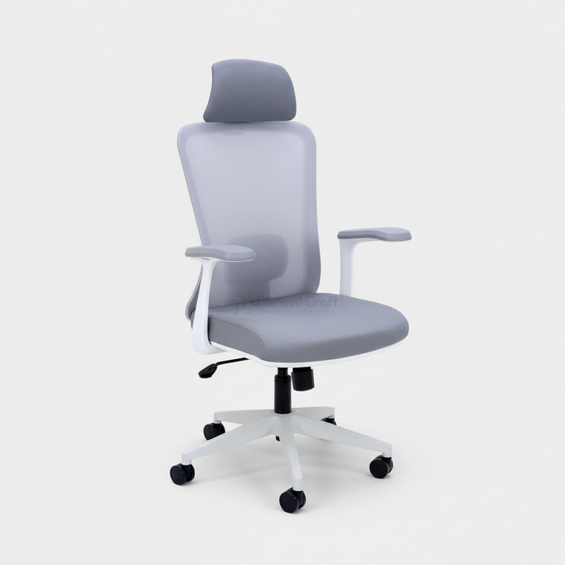 Light grey Fabinata office chair with mesh back, headrest and white wheeled base