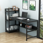 Black Facility workstation desk with tall side shelves and laptop beside a window