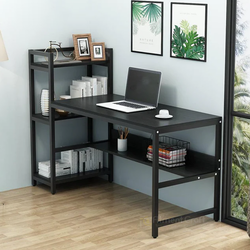 Black Facility workstation desk with tall side shelves and laptop beside a window