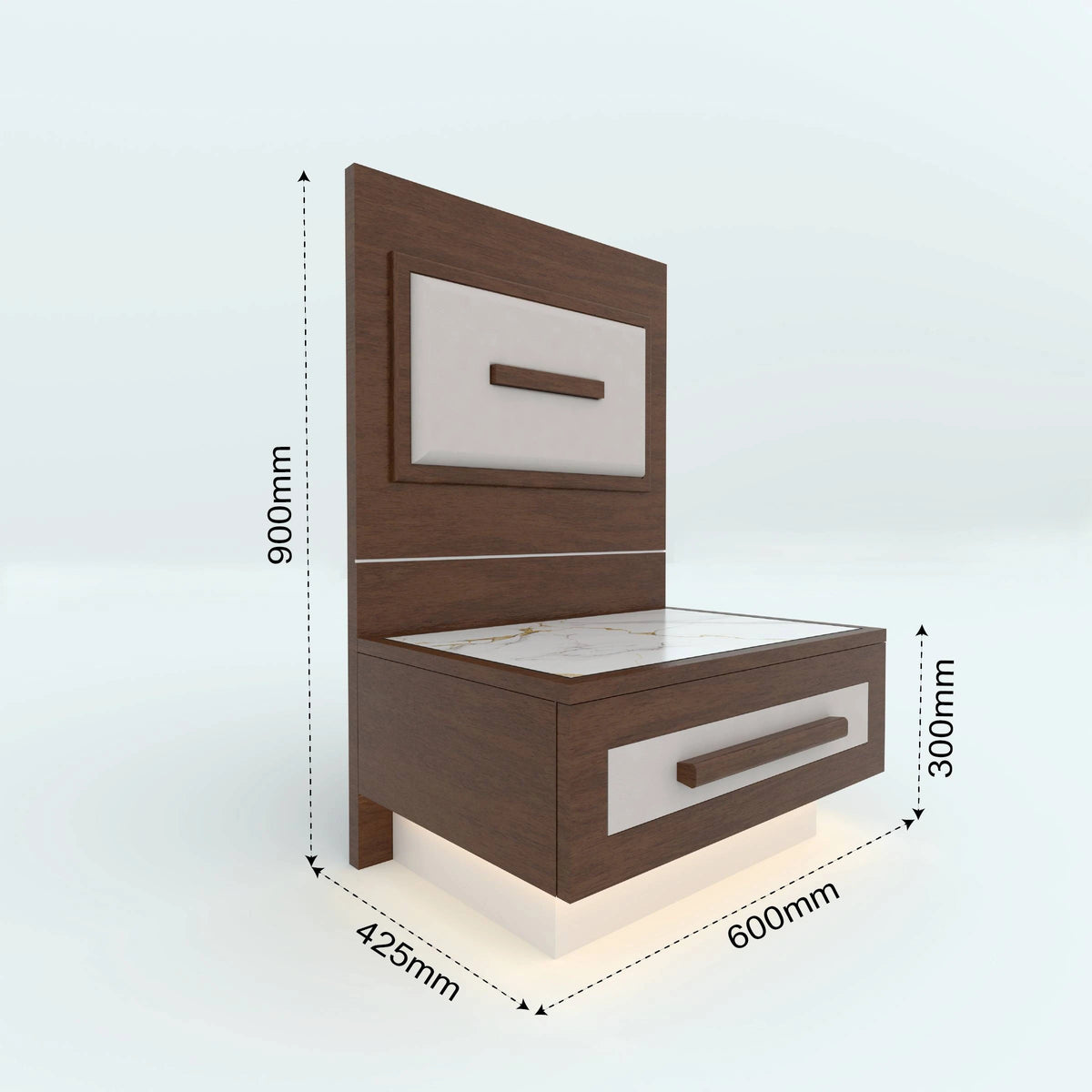 Farzen bedside table dimension diagram with brown frame and white drawer fronts