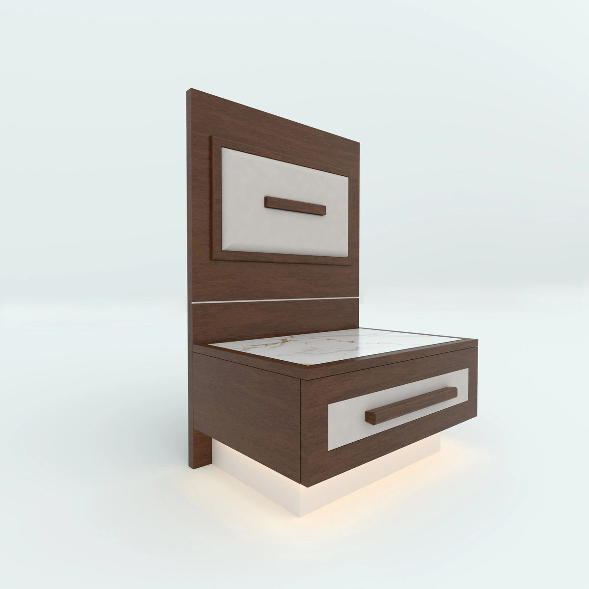 Brown Farzen bedside table with tall back panel, pale inset and drawer front