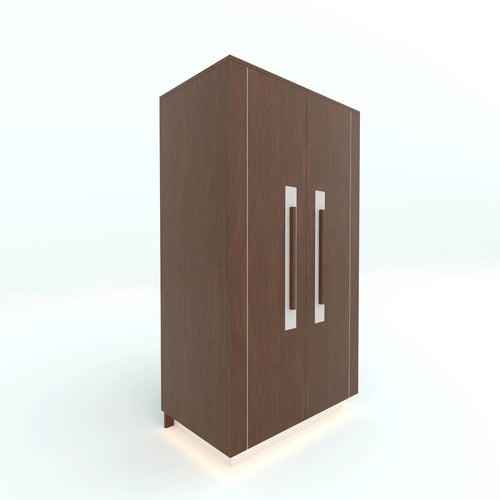 Brown Farzen two-door storage cupboard with long pale handles and illuminated base