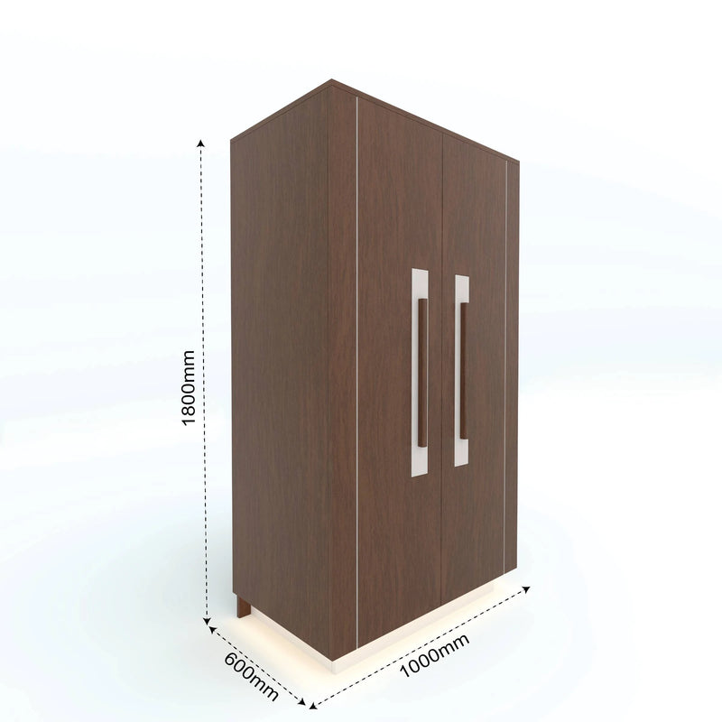 Brown Farzen double-door cupboard with pale handles and dimension annotations